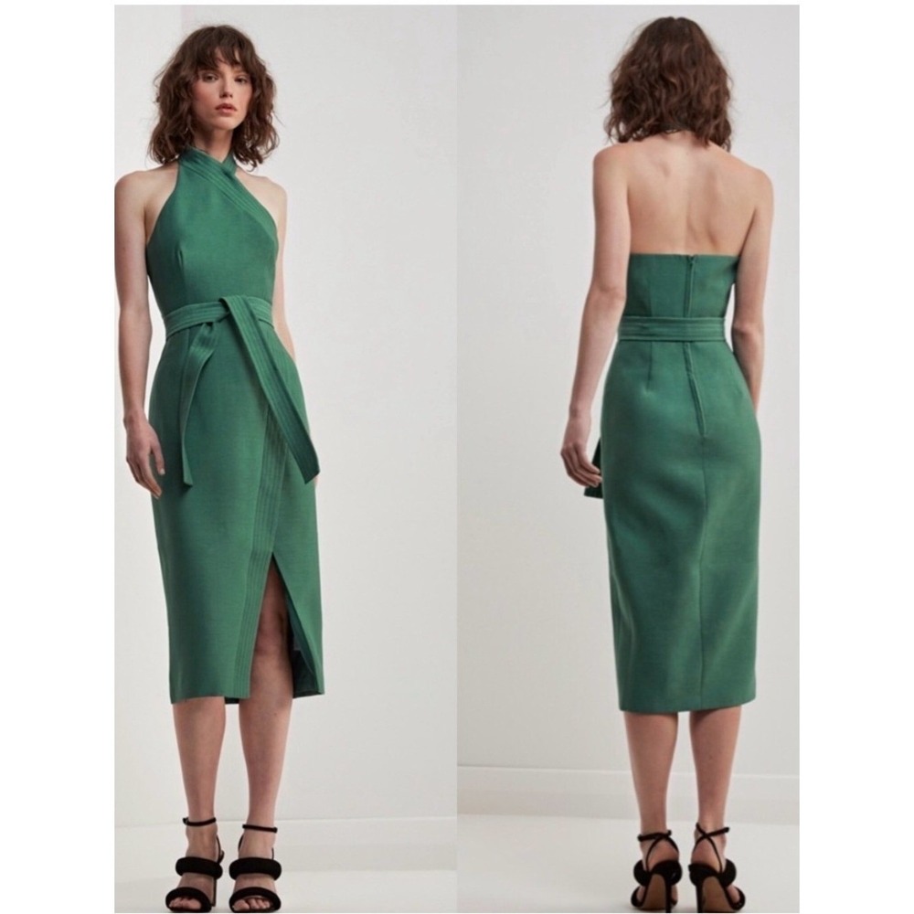 C/MEO COLLECTIVE Halter Wrap Midi Dress Green M One Shoulder Slit